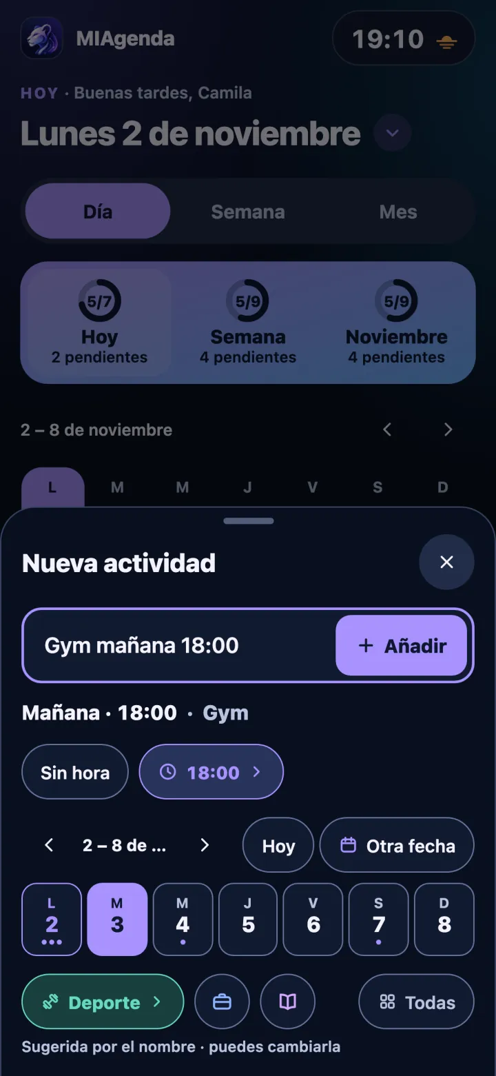 Captura rápida en MIAgenda: al escribir «Gym mañana 18:00» detecta mañana, 18:00 y sugiere Deporte.